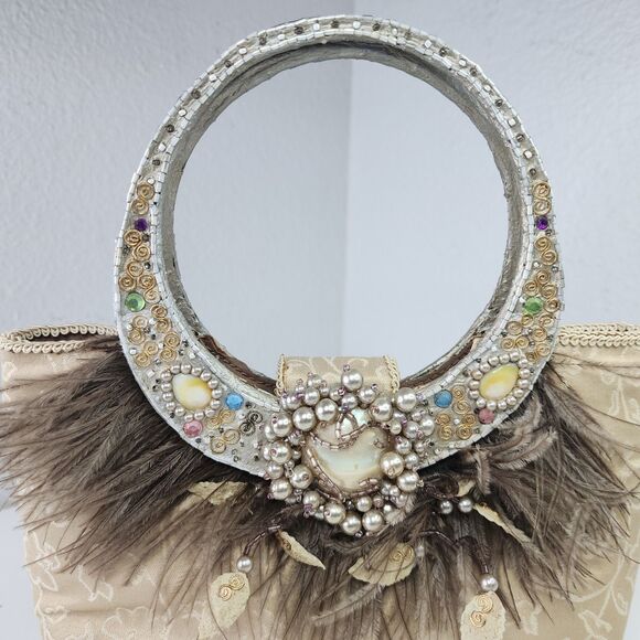 Mary Frances Beaded Quilted Silk Evening Bag Jeweled Feather Accent Purse Handba - Picture 14 of 15